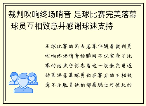 裁判吹响终场哨音 足球比赛完美落幕 球员互相致意并感谢球迷支持